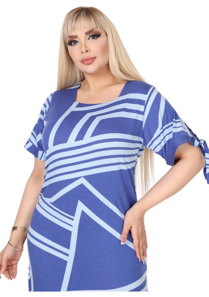 Butik Mavi Çizgili Desen Kolları Bağlamalı Kısa Kollu Elbise