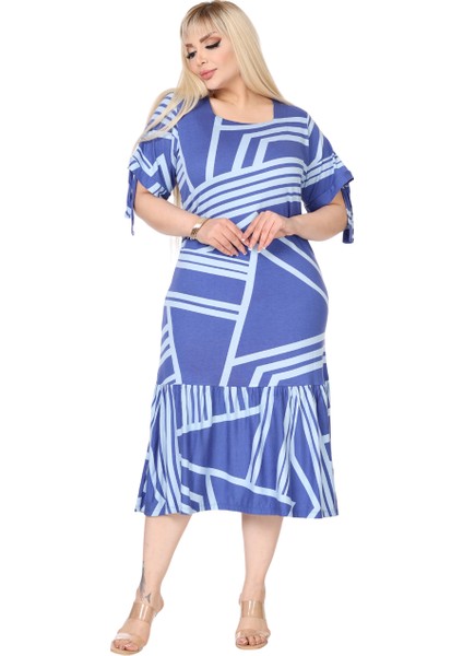 Butik Mavi Çizgili Desen Kolları Bağlamalı Kısa Kollu Elbise