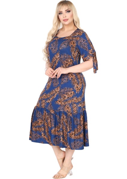 Butik Lacivert Başak Desen Kolları Bağlamalı Kısa Kollu Elbise