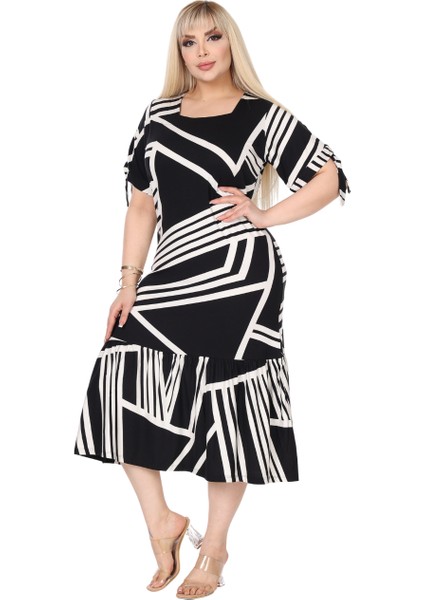 Butik Siyah Çizgili Desen Kolları Bağlamalı Kısa Kollu Elbise
