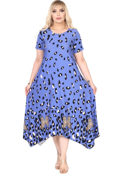 Butik Mavi Sulu Leopar Desen Asimetrik Kısa Kollu Elbise