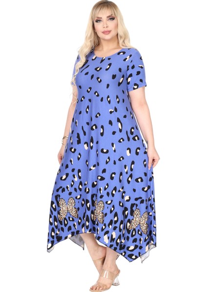 Butik Mavi Sulu Leopar Desen Asimetrik Kısa Kollu Elbise fiyatları