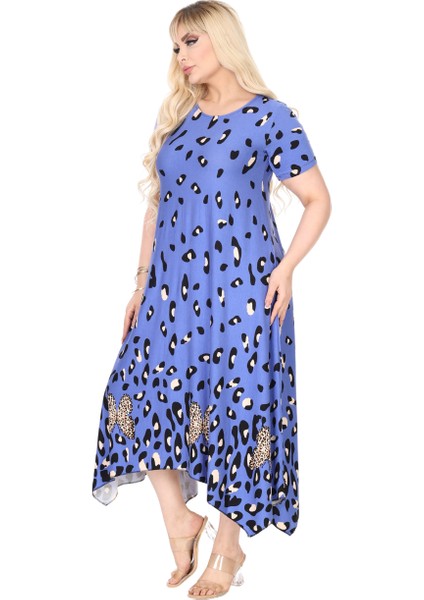 Butik Mavi Sulu Leopar Desen Asimetrik Kısa Kollu Elbise modelleri