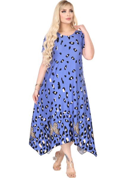 Butik Mavi Sulu Leopar Desen Asimetrik Kısa Kollu Elbise fırsatları