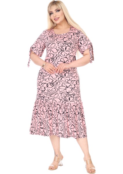 Butik Inci Pembesi Çiçek Desen Kolları Bağlamalı Kısa Kollu Elbise