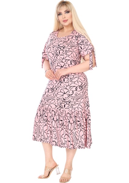 Butik Inci Pembesi Çiçek Desen Kolları Bağlamalı Kısa Kollu Elbise