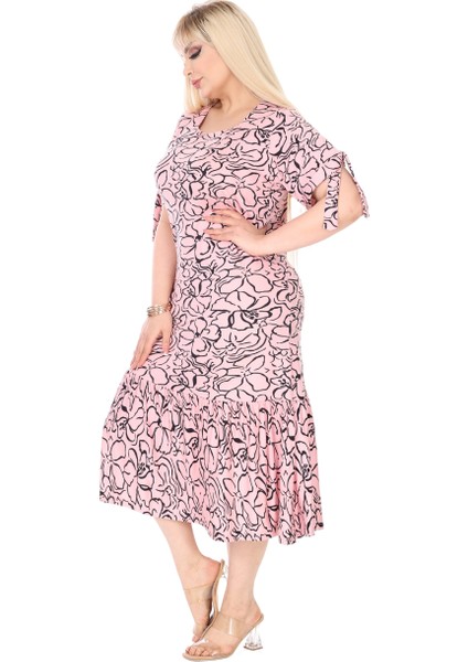 Butik Inci Pembesi Çiçek Desen Kolları Bağlamalı Kısa Kollu Elbise