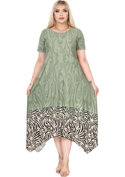 Butik Haki Eteği Çizgili Desen Asimetrik Kısa Kollu Elbise