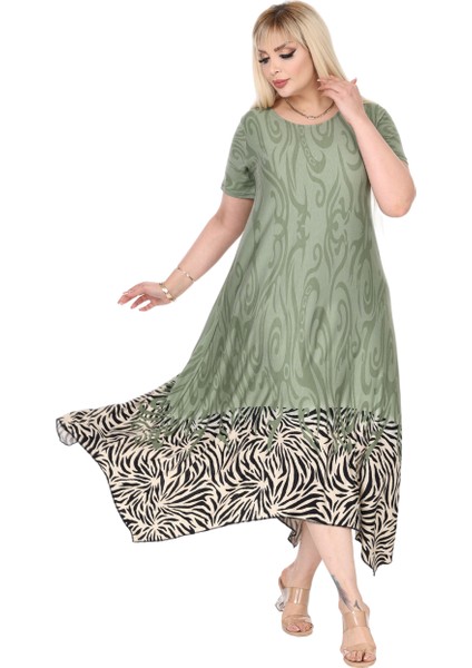 Butik Haki Eteği Çizgili Desen Asimetrik Kısa Kollu Elbise fiyatları