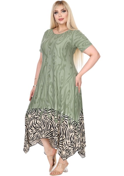 Butik Haki Eteği Çizgili Desen Asimetrik Kısa Kollu Elbise modelleri