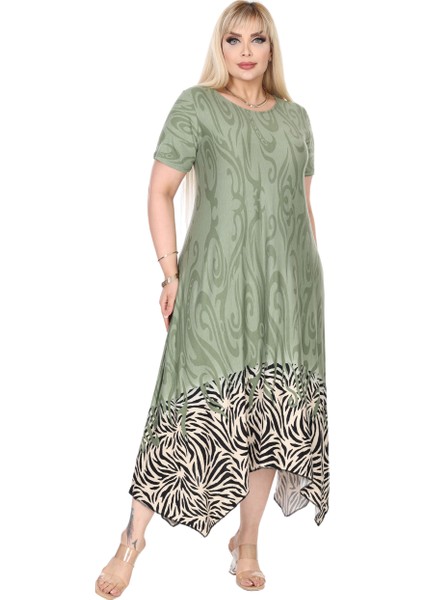 Butik Haki Eteği Çizgili Desen Asimetrik Kısa Kollu Elbise fırsatları