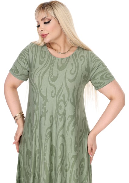 Butik Haki Eteği Çizgili Desen Asimetrik Kısa Kollu Elbise indirimleri