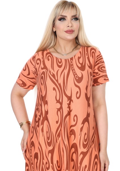 Butik Turuncu Eteği Çizgili Desen Asimetrik Kısa Kollu Elbise fiyatları