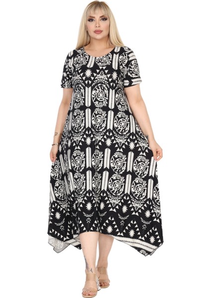 Butik Beyaz Retro Desen Asimetrik Kısa Kollu Elbise