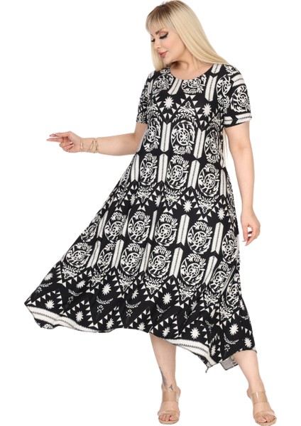 Butik Beyaz Retro Desen Asimetrik Kısa Kollu Elbise fırsatları