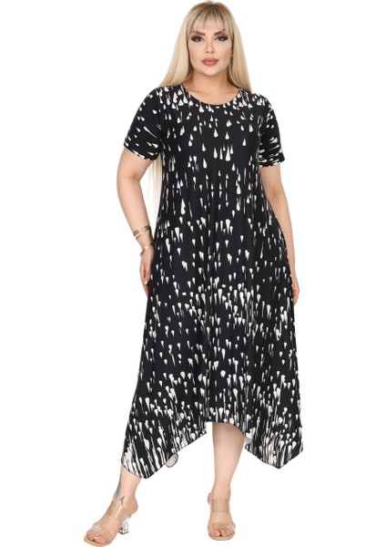 Butik Siyah Beyaz Yağlıboya Desen Asimetrik Kısa Kollu Elbise