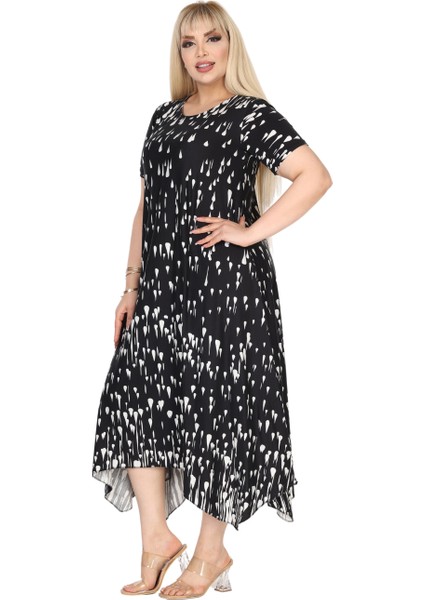 Butik Siyah Beyaz Yağlıboya Desen Asimetrik Kısa Kollu Elbise fiyatları