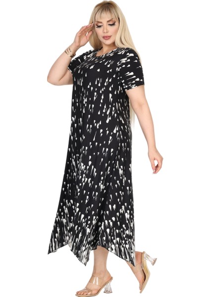 Butik Siyah Beyaz Yağlıboya Desen Asimetrik Kısa Kollu Elbise modelleri