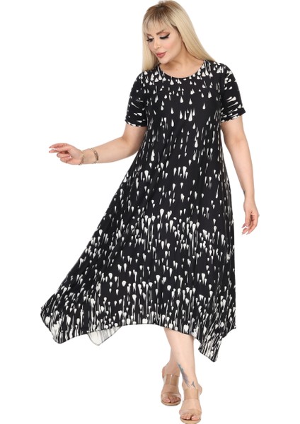 Butik Siyah Beyaz Yağlıboya Desen Asimetrik Kısa Kollu Elbise fırsatları
