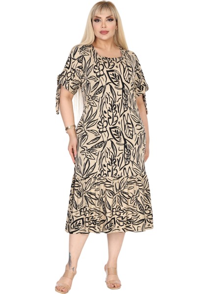 Butik Ekru Yaprak Desen Kolları Bağlamalı Kısa Kollu Elbise fiyatları
