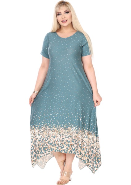 Butik Yeşil Puanlı Eteği Leopar Desen Asimetrik Kısa Kollu Elbise