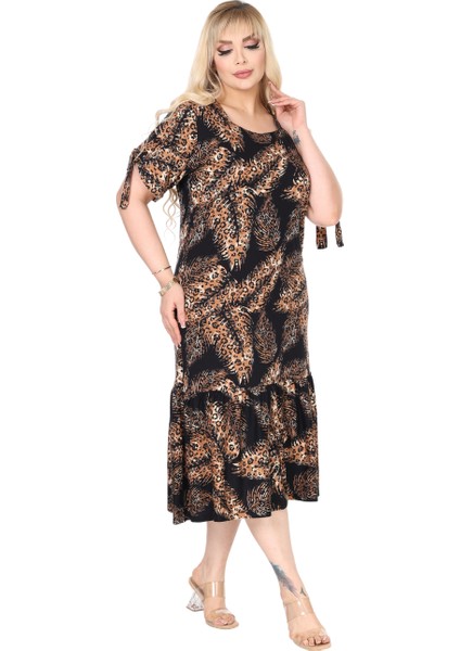 Butik Siyah Başak Desen Kolları Bağlamalı Kısa Kollu Elbise