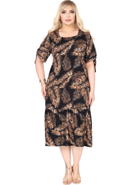 Butik Siyah Başak Desen Kolları Bağlamalı Kısa Kollu Elbise fiyatları