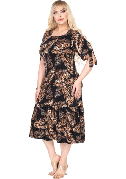 Butik Siyah Başak Desen Kolları Bağlamalı Kısa Kollu Elbise fırsatları