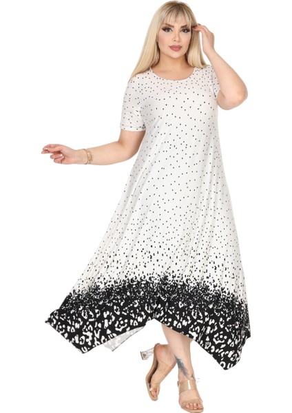 Butik Beyaz Puanlı Eteği Leopar Desen Asimetrik Kısa Kollu Elbise