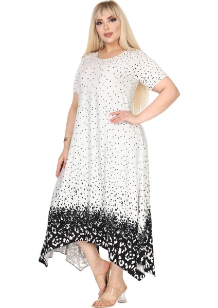 Butik Beyaz Puanlı Eteği Leopar Desen Asimetrik Kısa Kollu Elbise