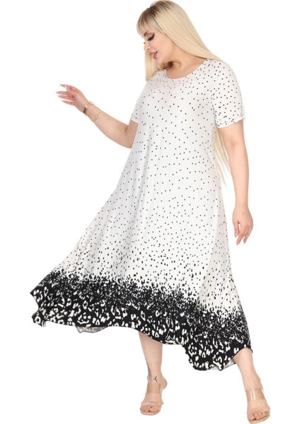 Butik Beyaz Puanlı Eteği Leopar Desen Asimetrik Kısa Kollu Elbise