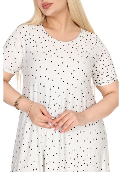 Butik Beyaz Puanlı Eteği Leopar Desen Asimetrik Kısa Kollu Elbise