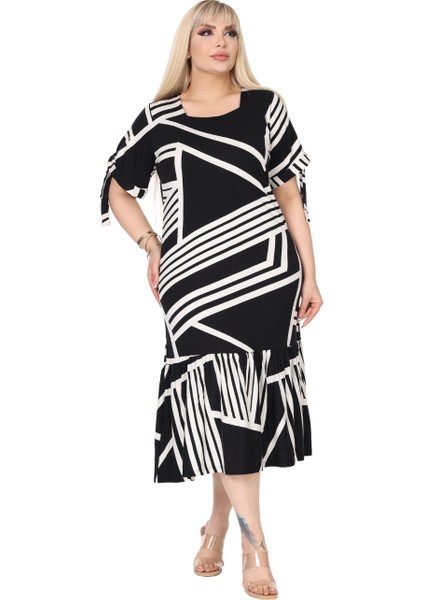 Butik Siyah Çizgili Desen Kolları Bağlamalı Kısa Kollu Elbise fiyatları