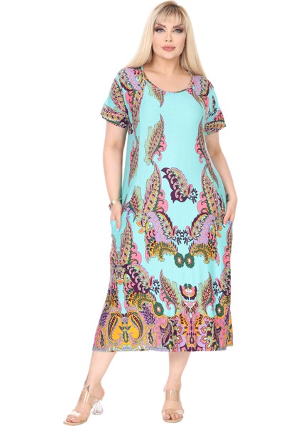 Butik Turkuaz Şal Desen Kuplu Cepli Kısa Kol Kadın Midi Elbise modelleri