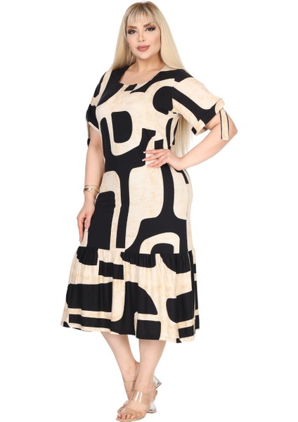 Butik Bej Geometrik Desen Kolları Bağlamalı Kısa Kollu Elbise fiyatları