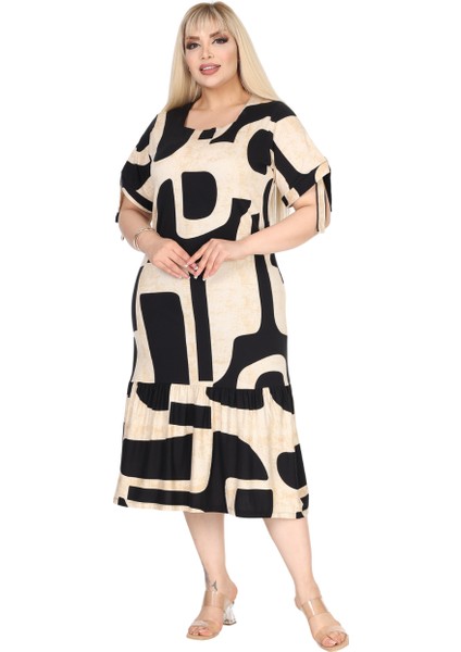 Butik Bej Geometrik Desen Kolları Bağlamalı Kısa Kollu Elbise modelleri