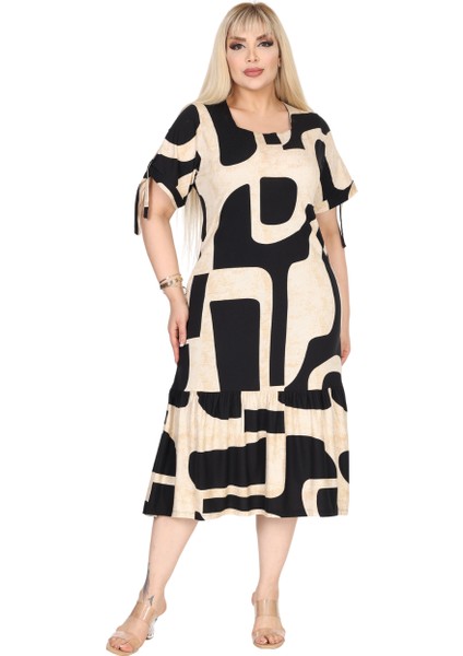 Butik Bej Geometrik Desen Kolları Bağlamalı Kısa Kollu Elbise fırsatları