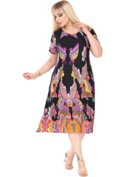 Butik Siyah Şal Desen Kuplu Cepli Kısa Kol Kadın Midi Elbise modelleri