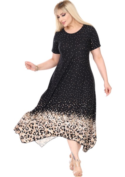 Butik Siyah Puanlı Eteği Leopar Desen Asimetrik Kısa Kollu Elbise