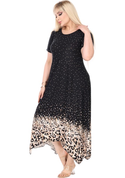 Butik Siyah Puanlı Eteği Leopar Desen Asimetrik Kısa Kollu Elbise