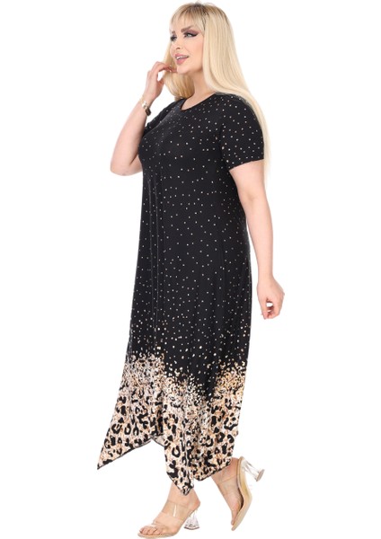 Butik Siyah Puanlı Eteği Leopar Desen Asimetrik Kısa Kollu Elbise