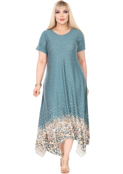 Butik Yeşil Puanlı Eteği Leopar Desen Asimetrik Kısa Kollu Elbise