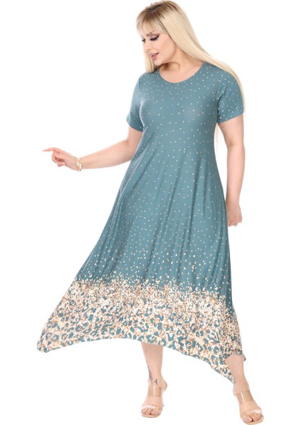 Butik Yeşil Puanlı Eteği Leopar Desen Asimetrik Kısa Kollu Elbise