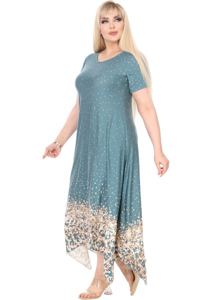 Butik Yeşil Puanlı Eteği Leopar Desen Asimetrik Kısa Kollu Elbise