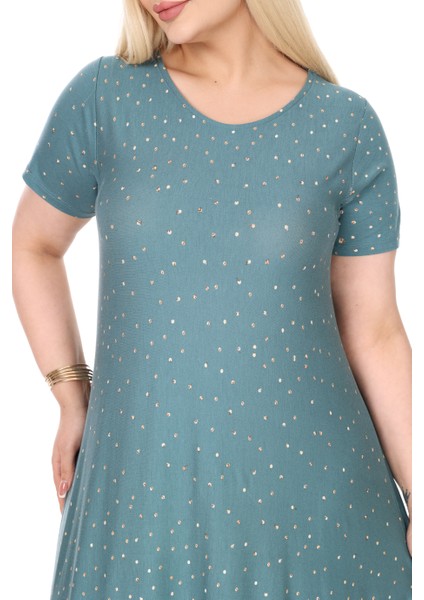 Butik Yeşil Puanlı Eteği Leopar Desen Asimetrik Kısa Kollu Elbise