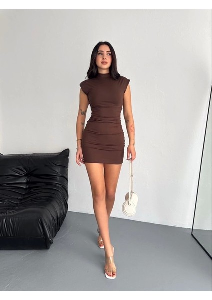 Yarım Bogazlı Kolsuz Ini Boy Elbise Kahve