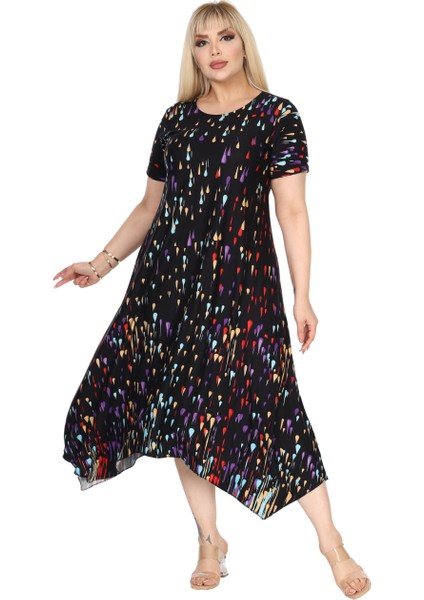Butik Siyah Renkli Yağlıboya Desen Asimetrik Kısa Kollu Elbise