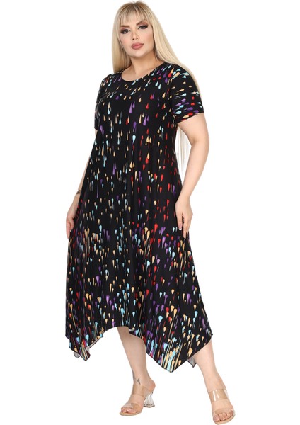 Butik Siyah Renkli Yağlıboya Desen Asimetrik Kısa Kollu Elbise fiyatları