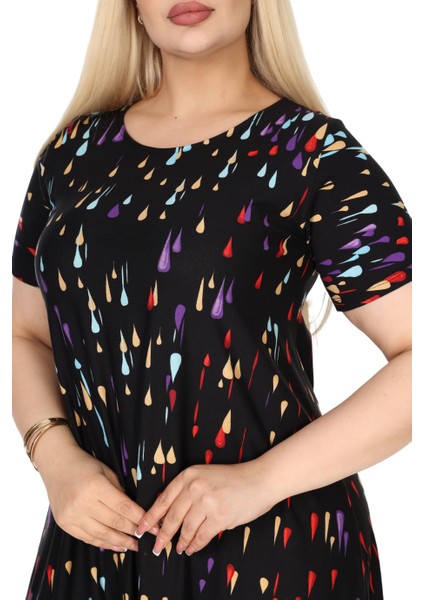 Butik Siyah Renkli Yağlıboya Desen Asimetrik Kısa Kollu Elbise indirimleri