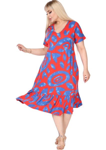Butik Göğüsten Robalı V Yaka Kısa Kollu Pembe Nazar Desenli Cepli Elbise